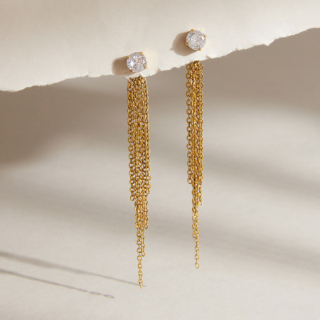 Boucles d'oreilles pendantes élégantes à pompon, en acier inoxydable étanche, couleur or, de la collection Simple Series.