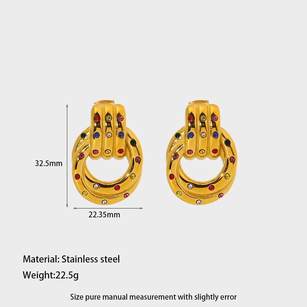 Boucles D'Oreilles Puces Pour Femmes, Collection Simple Series Daily Polka Dots, Forme Elliptique, Acier Inoxydable, Couleur Or, Zircon, Étanches. 