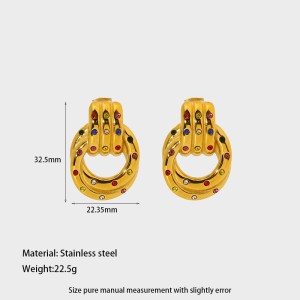Boucles D'Oreilles Puces Pour Femmes, Collection Simple Series Daily Polka Dots, Forme Elliptique, Acier Inoxydable, Couleur Or, Zircon, Étanches. h5 