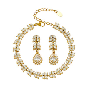 Ensembles De Bijoux Pour Femmes De La Série Luxueuse Elegant Leaf En Acier Inoxydable Étanche Couleur Or Et Zircon h5 Image4