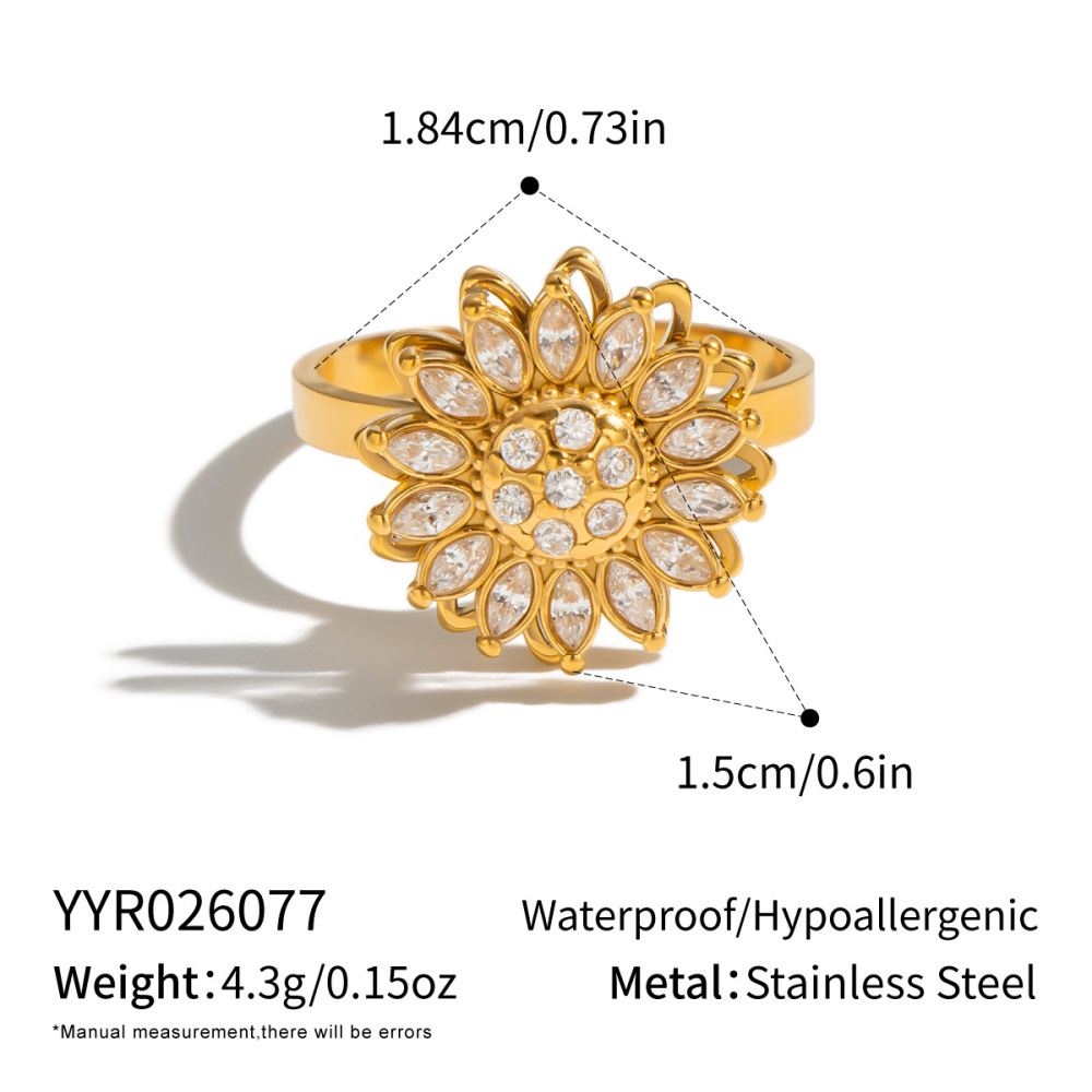 Bagues De Luxe En Acier Inoxydable Doré Avec Pierre Précieuse Zircon, Collection Fleur