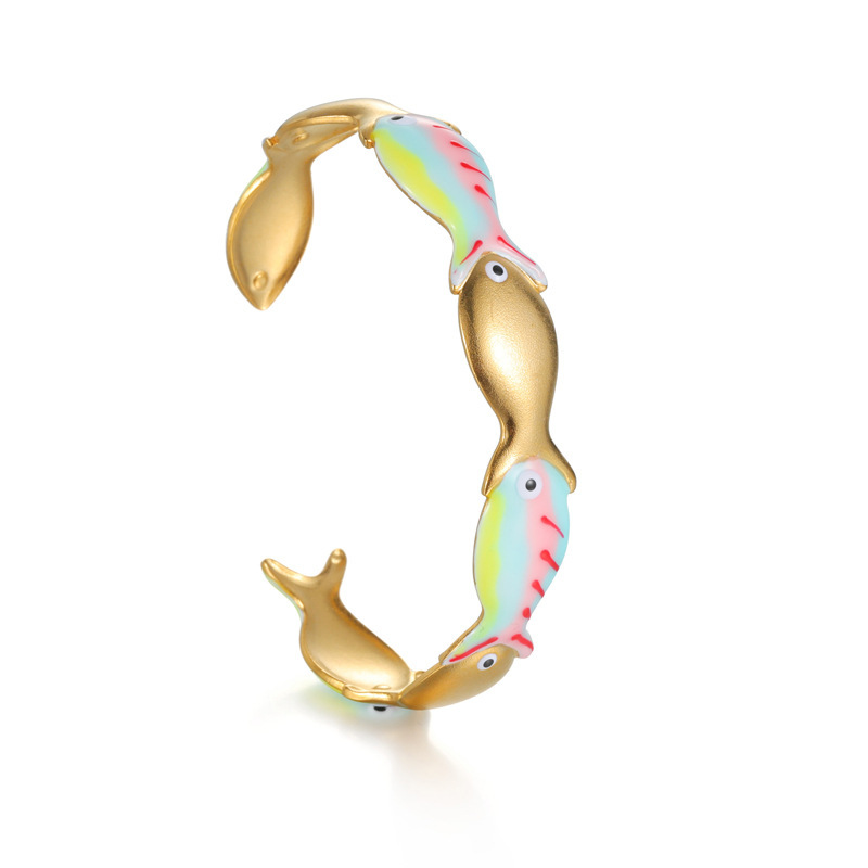 Bracelets Manchettes Pour Femmes En Acier Inoxydable Émaillé, Couleur Or, Style Vacances Océaniques, Motif Poisson Image3