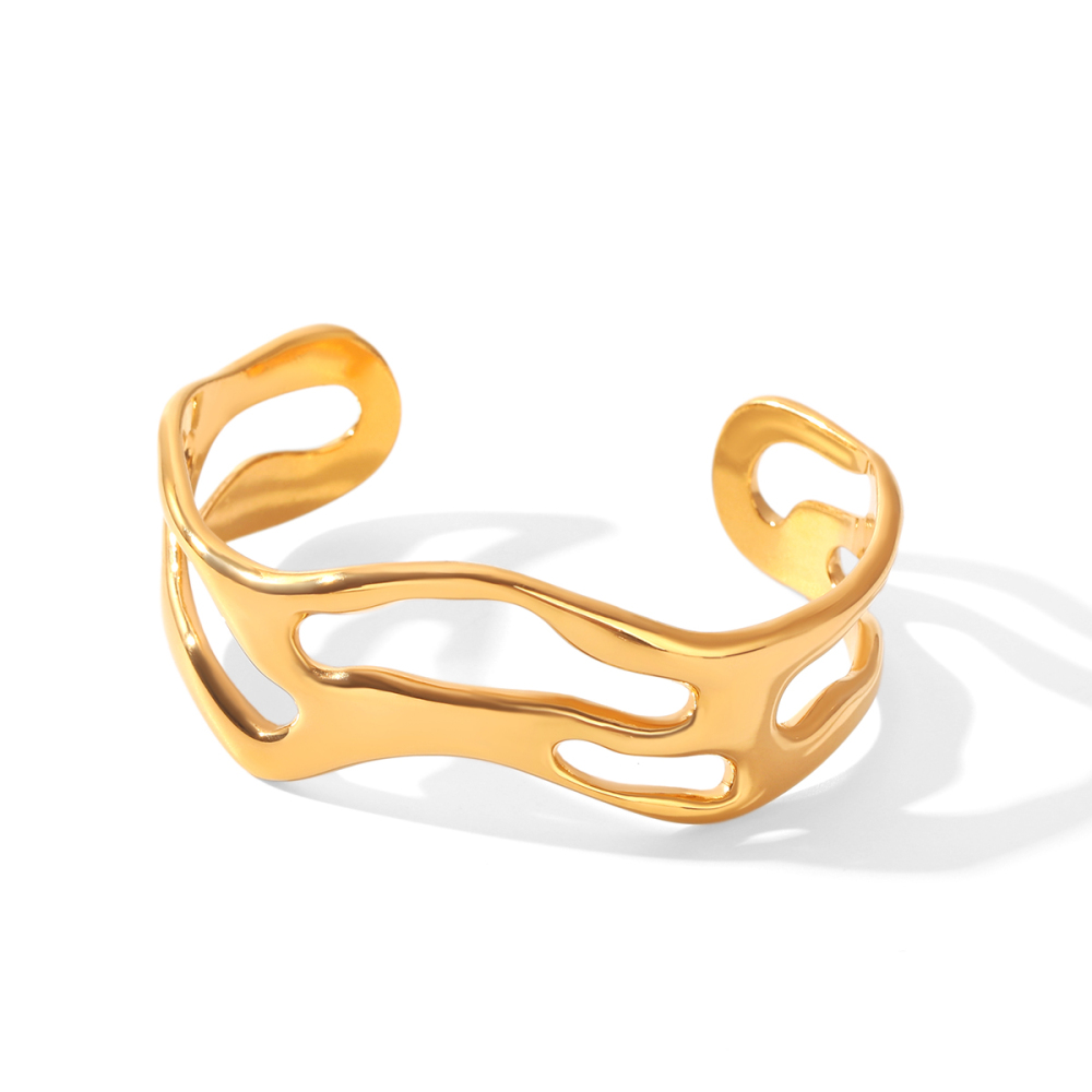 Bracelet Jonc Pour Femme Simple Series Daily Hollowed-Out Lines En Acier Inoxydable Étanche Couleur Or 