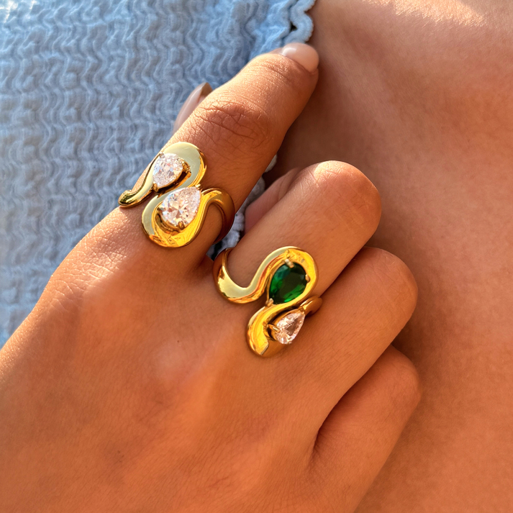 Bague De Luxe Pour Tous Les Jours, En Acier Inoxydable Étanche, Couleur Or, Forme Irrégulière, Ornée D'Un Zircon. Image2