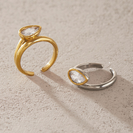 Bagues pour femmes en acier inoxydable étanche couleur or avec zircon et pierre précieuse en forme de goutte