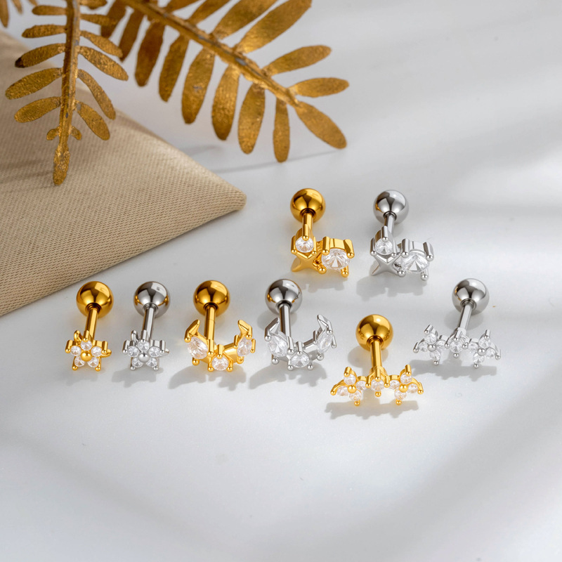 Boucles D'Oreilles Piercing Pour Femmes, Collection Simple, Motif Fleur Et Lune, Couleur Cuivre Doré Et Zircon. h5Image3