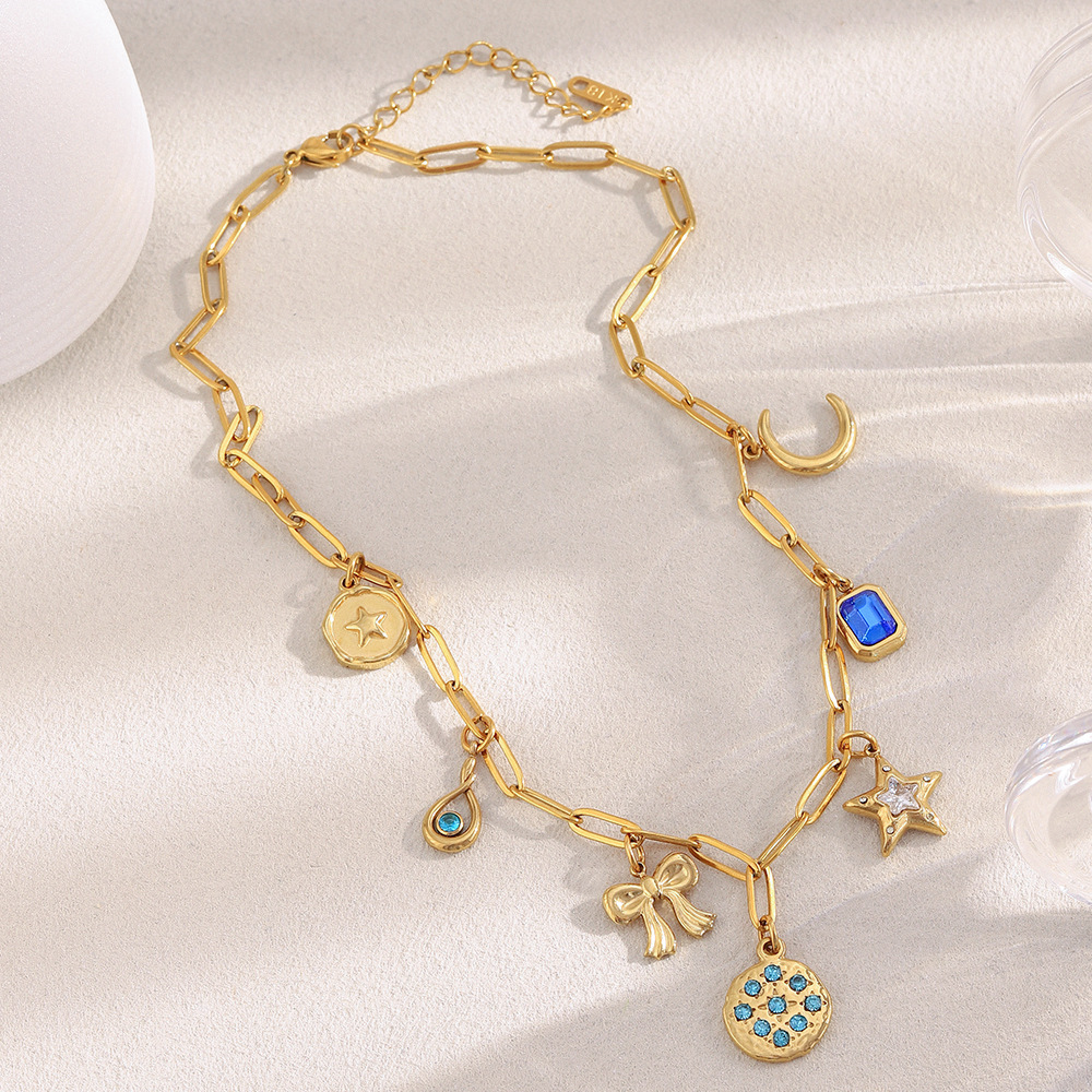 Colliers Pendentifs Pour Femmes En Acier Inoxydable, Ornés D'Un Nœud Papillon, D'Une Étoile Et D'Une Lune, Et De Zircon Doré, Étanches. h5Image4