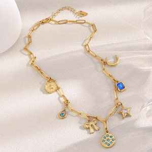 Colliers Pendentifs Pour Femmes En Acier Inoxydable, Ornés D'Un Nœud Papillon, D'Une Étoile Et D'Une Lune, Et De Zircon Doré, Étanches. h5 Image4