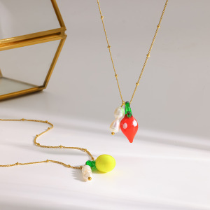 Colliers Pendentifs Pour Femmes En Acier Inoxydable Doré, Imperméables Et Ornés De Perles, Avec Fruits Glacés h5 Image2