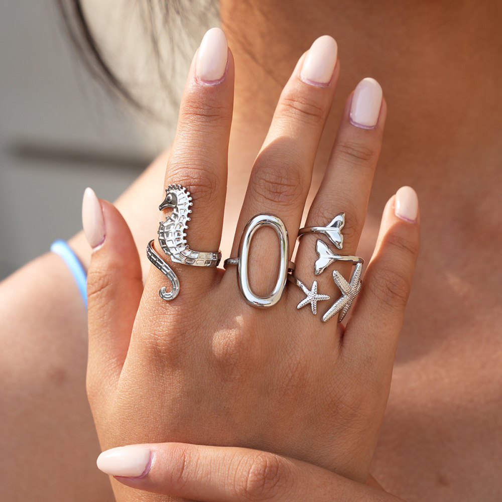 Bague Femme Simple Series Daily, Forme Irrégulière, Poisson Et Étoile De Mer, En Acier Inoxydable Étanche. Image3