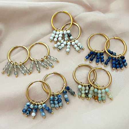 Boucles d'oreilles pendantes pour femme, ornées de pompons, de pierres naturelles et d'acier inoxydable étanche, couleur or.