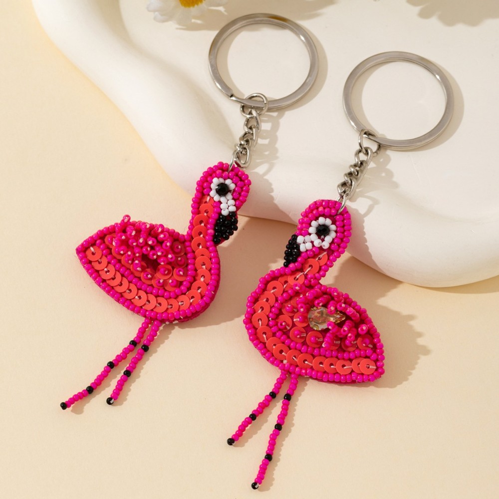 Porte-Clés En Alliage Avec Perles Et Motif Flamants Roses Naturels (Série Simple). h5Image3