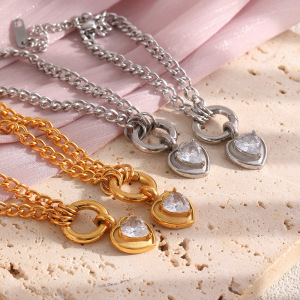 Ensembles De Colliers Pour Femmes En Acier Inoxydable Imperméable Avec Zircon Doré Et Motif Cœur Simple h5 Image2