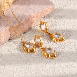 Ensembles De Colliers Pour Femmes En Acier Inoxydable Imperméable, Motif Martelé Rétro, Forme Géométrique, Zircon Doré h5 Image2