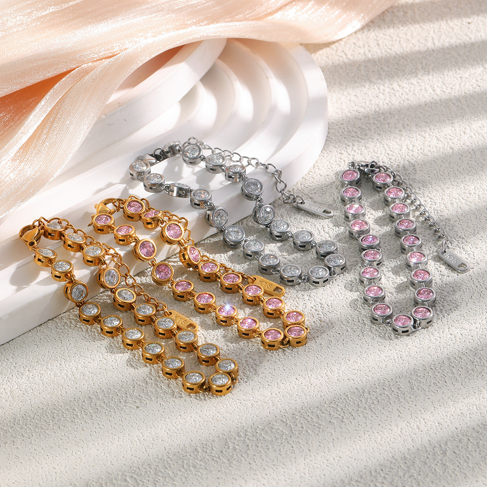 Bracelet Chaîne Pour Femme En Acier Inoxydable Doré, Étanche Et Orné De Zircon, Orné D'Un Cercle Luxueux. Image4