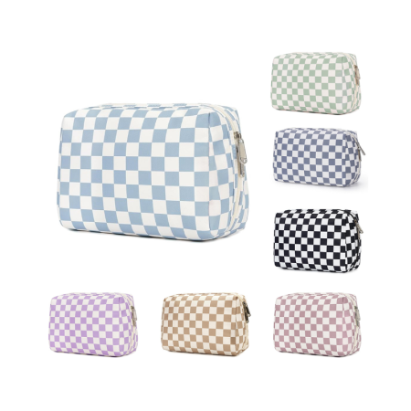 Trousses à maquillage quotidiennes en polyester à carreaux multicolores de la série Simple