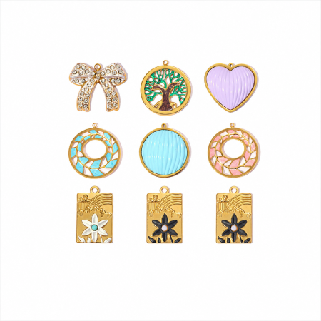 Pendentifs pour femmes de la série Luxueuse, à faire soi-même, en forme de nœud papillon, de forme ronde ou rectangulaire, en acier inoxydable étanche, couleur or.