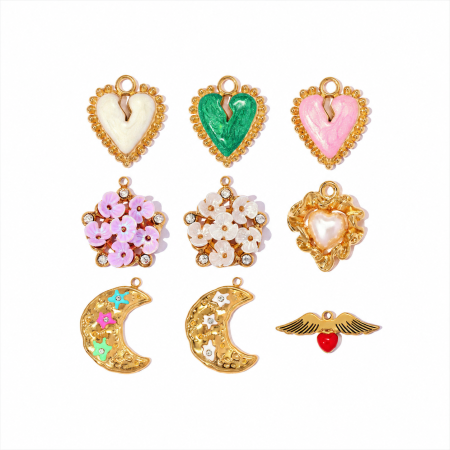Pendentifs pour femmes de la série Luxueuse, à faire soi-même, en acier inoxydable, couleur or, motif fleur, cœur et lune. Design étanche.