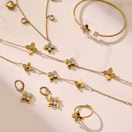 Ensembles de bijoux pour femmes en acier inoxydable doré, couleur zircon, collection romantique Sweet Flower