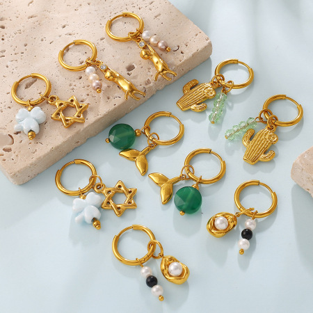 Boucles d'oreilles pendantes pour femme en acier inoxydable, imperméables, couleur or, ornées de strass et de perles.