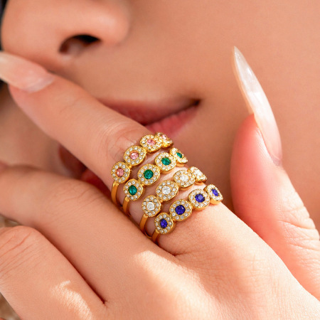 Bagues pour femmes en acier inoxydable étanche, serties de zircon et ornées de zircon, dans un élégant motif rond aux couleurs harmonieuses. Collection Luxe Sweet Mixte Color Circle.
