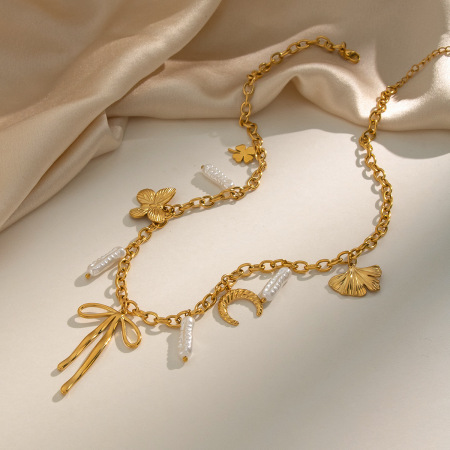 Colliers pendentifs pour femmes avec pendentif papillon en acier inoxydable étanche couleur or et perle