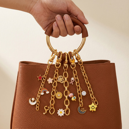 Porte-clés en acier inoxydable doré avec strass et perle artificielle 2