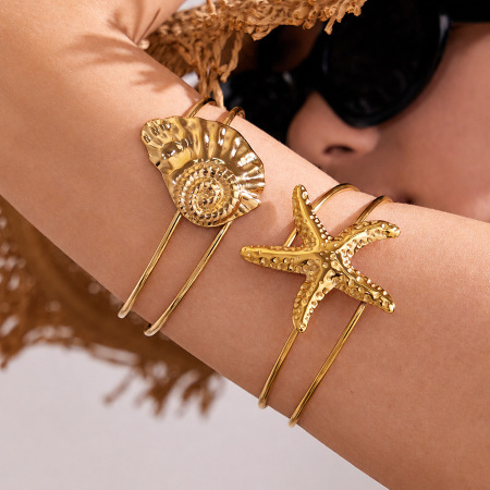 Bracelet jonc femme en acier inoxydable doré, motif étoile de mer, collection romantique