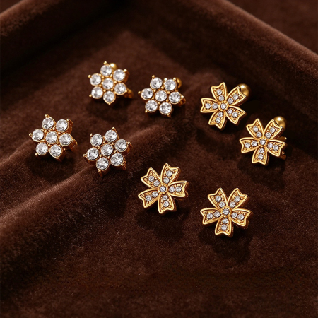 Boucles d'oreilles puces pour femmes en acier inoxydable doré, imperméables, ornées de strass et représentant des fleurs