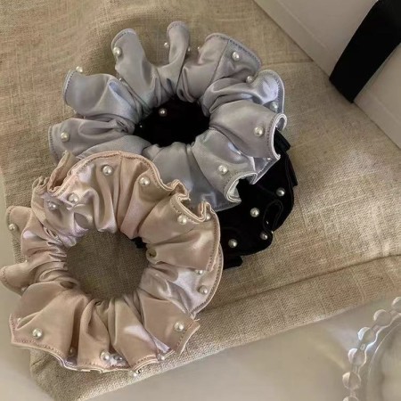 Chouchous en polyester uni élégants et simples avec perles artificielles 2