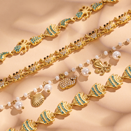Bracelet à maillons pour femme, style océanique, en acier inoxydable, étanche, couleur or, avec zircon, motif animaux de vacances