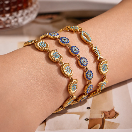Bracelet chaîne femme style océanique coquillage en acier inoxydable étanche couleur or avec pierre naturelle et zircon