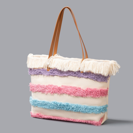Sac cabas femme en toile à rayures et pompons multicolores, style décontracté 2
