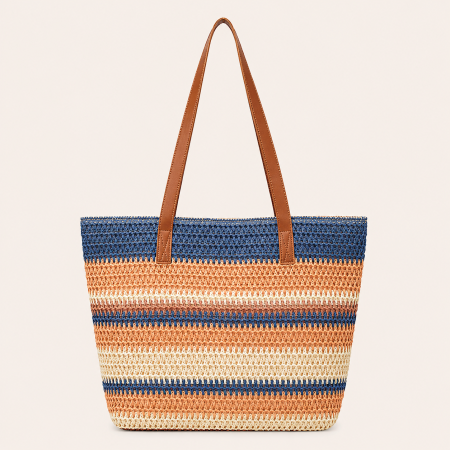 Sac carré pour femme en raphia tissé à rayures multicolores, style décontracté