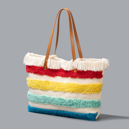 Sac cabas femme en toile à rayures et pompons multicolores, style décontracté