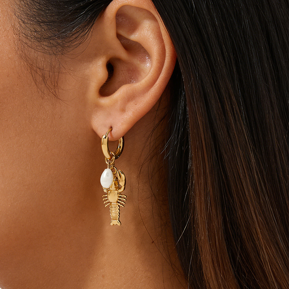 Boucles D'Oreilles Pendantes Pour Femme, Style Homard, En Acier Inoxydable Étanche Couleur Or, Avec Perles Artificielles. Image3