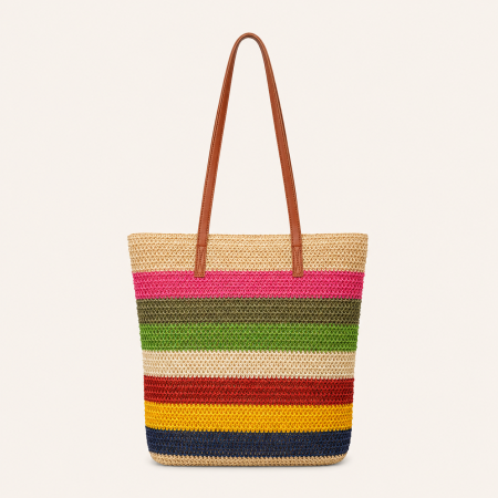 Sac carré pour femme en raphia tissé à rayures multicolores style décontracté