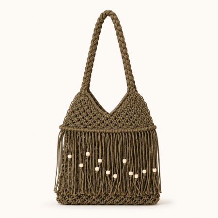 Sac carré pour femme en coton tissé, couleur unie, froncé, à pompons et perles, style vacances 2