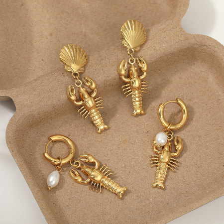 Boucles d'oreilles pendantes pour femme, style homard, en acier inoxydable étanche couleur or, avec perles artificielles.