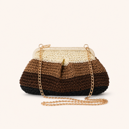 Sac oreiller femme en raphia tissé à rayures ajourées, style décontracté, multicolore 2