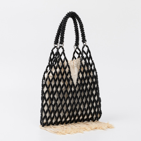 Sac carré pour femme en bois tressé ajouré, orné de pompons et de perles, style vacances