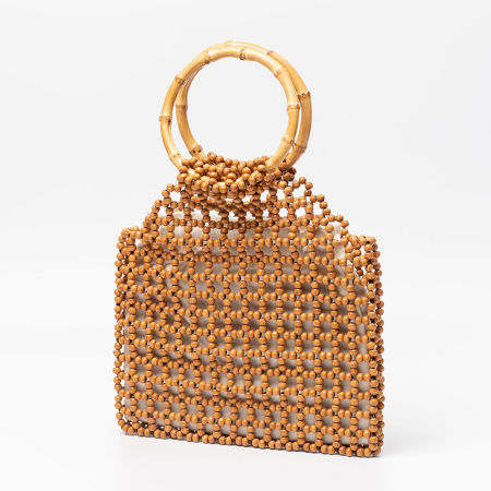 Sac carré pour femme en bois tissé ajouré à rayures unies style vacances, orné de perles.