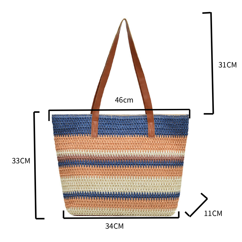 Sac Carré Pour Femme En Raphia Tissé À Rayures Multicolores, Style Décontracté Image6