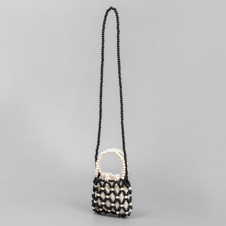 Sac rond pour femme en bois multicolore ajouré, orné de perles tissées de style décontracté 2