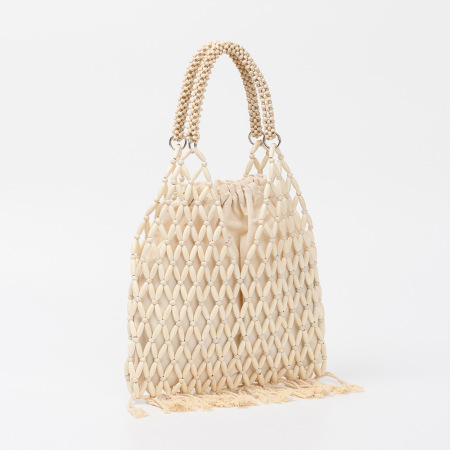 Sac carré pour femme en bois tressé ajouré, orné de pompons et de perles, style vacances 2