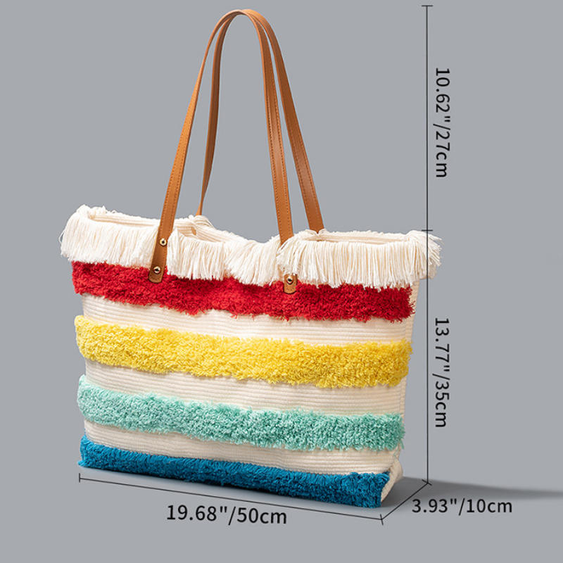 Sac Cabas Femme En Toile À Rayures Et Pompons Multicolores, Style Décontracté Image6
