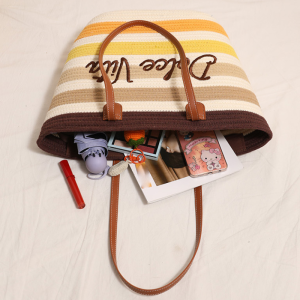 Sac Cabas Femme En Coton Tissé À Rayures Et Lettres, Style Décontracté, Couleurs Assorties h5 Image5