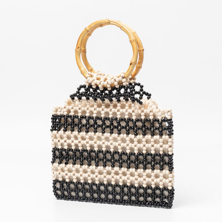 Sac carré pour femme en bois tissé ajouré à rayures unies style vacances, orné de perles. 2