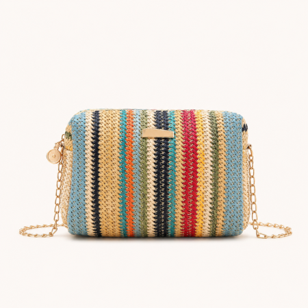 Sac carré pour femme en raphia tissé à rayures multicolores style décontracté 2