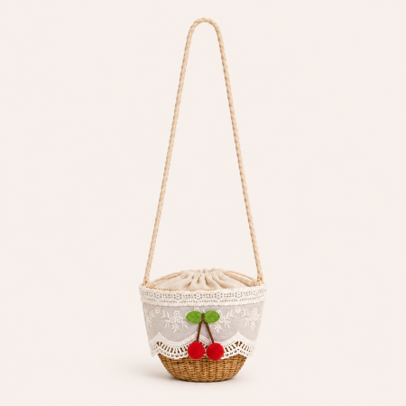 Sac trapèze femme en raphia tissé brodé à nœud papillon cerise, style décontracté 2